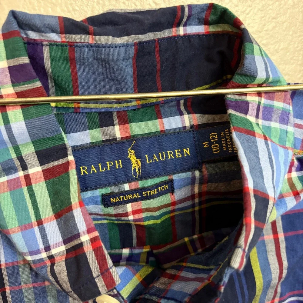 Ralph Lauren Plaid Button Down Shirt Size M 10-12 Natural Stretch Preppy Kids